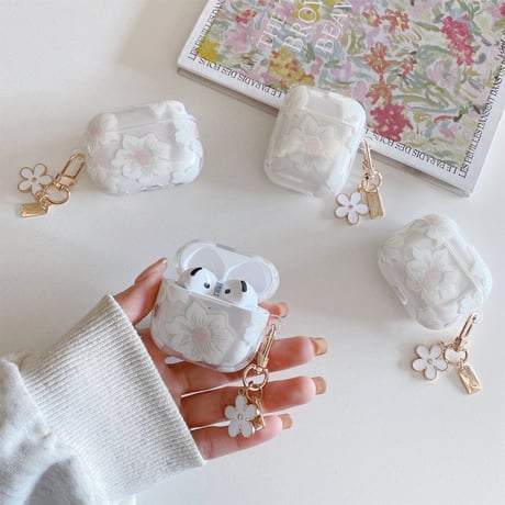 春夏 Airpods4ケース 白花柄  Airpods3/Pro2ケース airpodspro2カバー  花キーチェーン付 女子力高い 淡色系[M5204]