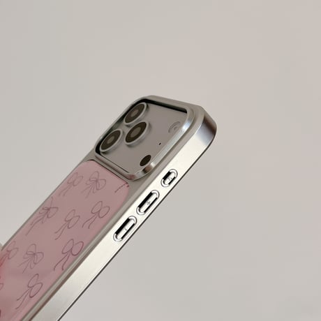 リボン柄 iPhone17/17Proケース ピンクカラー iPhone16Pro/15ProMax/14カバー キュート 女子力高い[M5914]