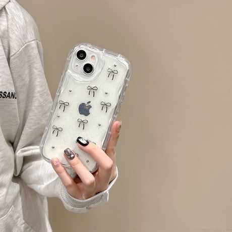 立体リボン iPhone15/16proケース うねうね ラメ入り iPhone14/13pro/12proケース キラキラクリアケース[M4436]