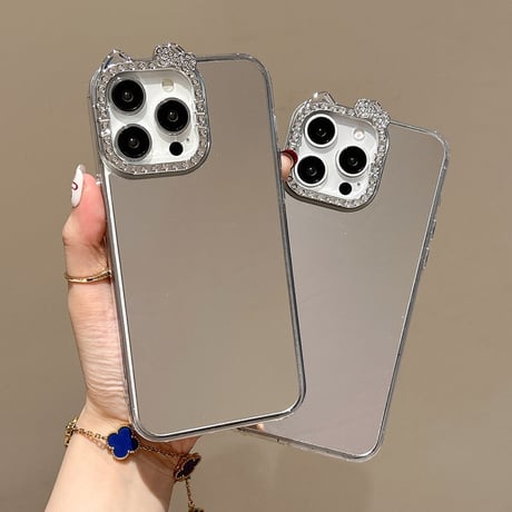 ジュエリーリボン 鏡 iPhone17/16proケース キラキラ 大人可愛い iPhone15Pro/14/13カバー 綺麗 便利 [M5660]