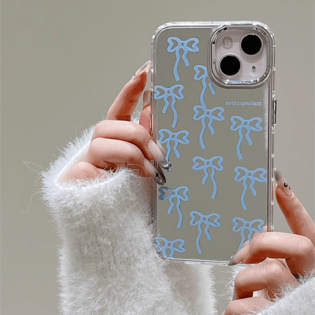 リボン ミラーiPhone16/15proケース 頑丈 可愛いiphone14/13/12proカバー 女子力アップ 便利[M4087]