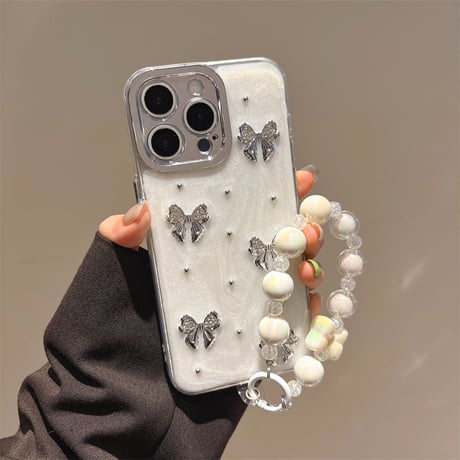 ジュエリーリボン iPhone16/16Proケース  ストラップ付 iPhone15Pro/14/13proカバー 華やか キラキラ 高品質 [M5025]