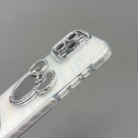 ダイヤ鏡スタンド iPhone17/17proケース シェル柄 iPhone16pro/15/14proカバー レンズカバー ストラップ 多機能高級感 [M5622]