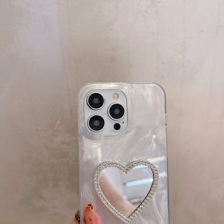 オシャレ鏡付 iPhone15/15Proケース キラキラ iPhone14Pro/13/12ケース ホワイト 女子に人気 [M3758]