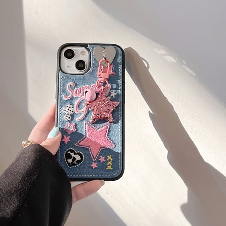 刺繡入り sweet girl iphone14/14promaxケース デニム お揃いアイフォン13/12/11カバー 星 可愛いプレゼントにおすすめ[M2251]