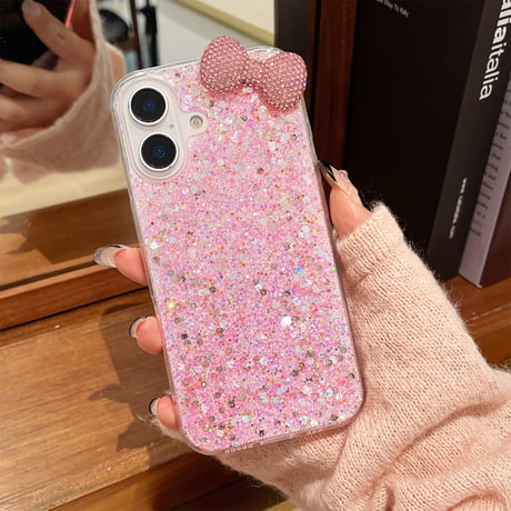 めっちゃ可愛い iPhone16/16Plusケース ダイヤリボン グリッター iPhone15pro/14/SEカバー 綺麗 キラキラ [M4860]