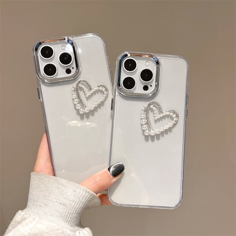 パールハートデコ クリアiPhone16/16eケース 黄ばまないiphone15pro/14/13/SE3カバー シンプル シック 人気[M5120]