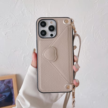 交通カード入れ iPhone15/14ケース ハート型留め レザー製 iPhone13pro/12/11proケース 肩掛けストラップ付 シック エレガント[M3346]