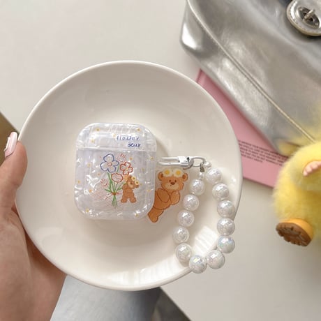 可愛いクマちゃん Airpods4ケース シェル柄 airpods3/2ケース AirpodsPro2/1カバー バックチャーム付き ギフトにおすすめ[M5420]