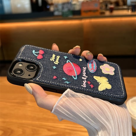 刺繡 星 花 iPhone14/14proカバー  デニム素材  アイフォン13/12/11ケース  可愛い 高品質  高級感  [M2250]