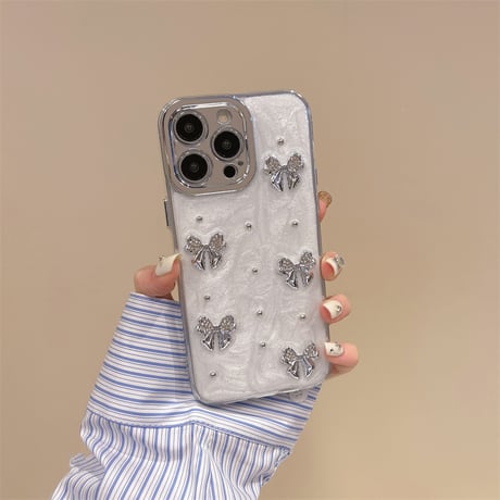 リボン iPhone15/15pro/15plusカバー ホワイト iPhone14/13pro/12ケース お洒落 可愛い[M4551]