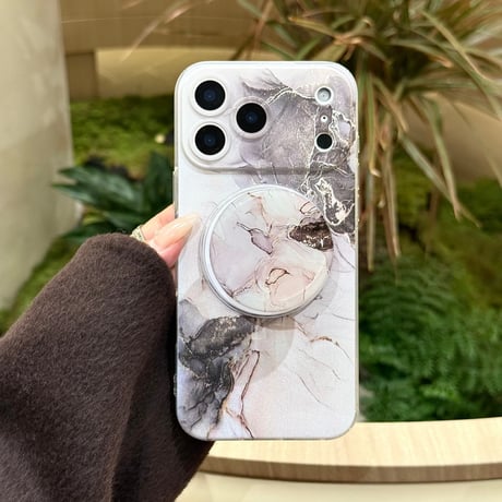 大理石調 iPhone17/17Proケース マグネット式グリップ付 iPhone16Pro/15ProMaxケース 便利なスタンド機能 オシャレ[M6092]
