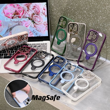 MagSafeリングスタンド一体型 iPhone15/15proカバー 高機能 iPhone14Pro/13proケース  ガラスレンズフィルム付 シンプル高級感 丈夫 [M3856]