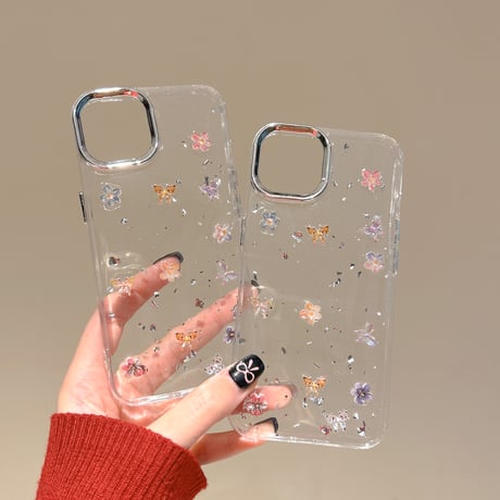 春夏向け アイフォン16pro/15ケース 花/蝶デコ iPhone14/13pro/12カバー 透明 大人可愛い 丈夫[M5154]