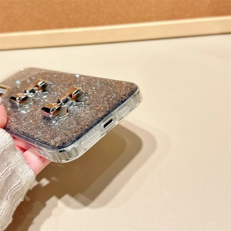リボンデコ iPhone15/15proケース キラキラグリッター入り iPhone14/13pro/12カバー女子力アップ 可愛い[M4247]