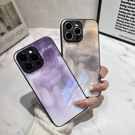 暈し染め ガラスiPhone14/15ケース  水墨画 金箔入り アイフォン13/12mini/11カバー キラキラ 全面保護 オシャレ シック[M2722]