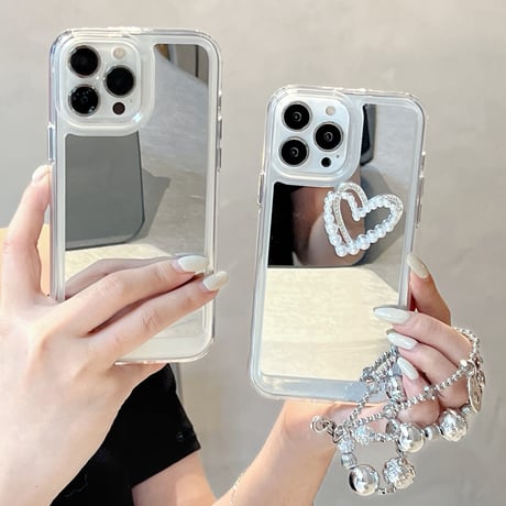 パールハート 鏡 iPhone15pro/15plusケース ストラップ付 iPhone14pro/13/12proカバー おしゃれ 女子力アップ[M4209]