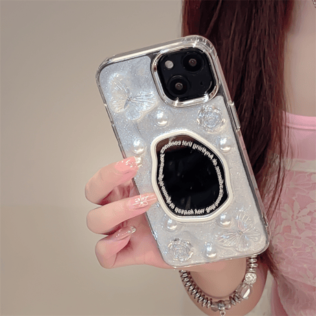 女子力アップ ミラーiPhone15/15proケース パール/蝶デコ iPhone14/13pro/12ケース かわいい きれい[M4357]