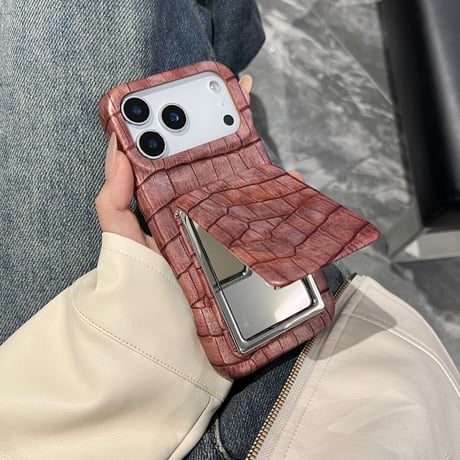 ワニ革 ミラースタンド付 iPhone17Pro/17ケース レザー 高級感 iPhone17ProMax/16Pro/15カバー 上品 高品質 耐衝撃 [M6074]