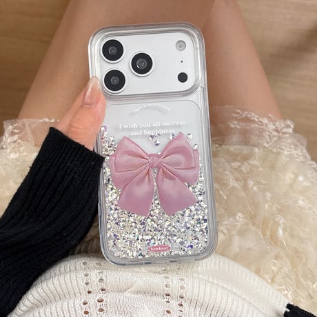 動くダイヤ入り iPhone17Pro/17ケース リボン柄 iPhone16Pro/15ケース クリア キラキラ感 夏に人気 [M6274]
