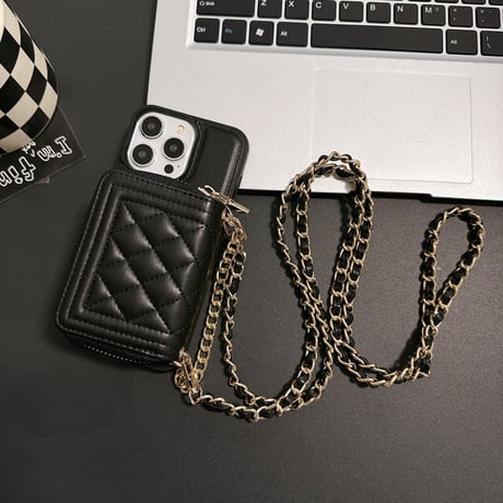 カード/小物入れ付 iPhone15/15プロケース ショルダーチェーン付 レザーiPhone14pro/13/12カバー 高級感 高品質[M4163]