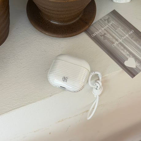 ホワイト横縞 Airpods Pro3ケース ストラップ付 Airpods 4/3カバー  AirpodsPro2/1  シンプル風 おしゃれ [M6287]