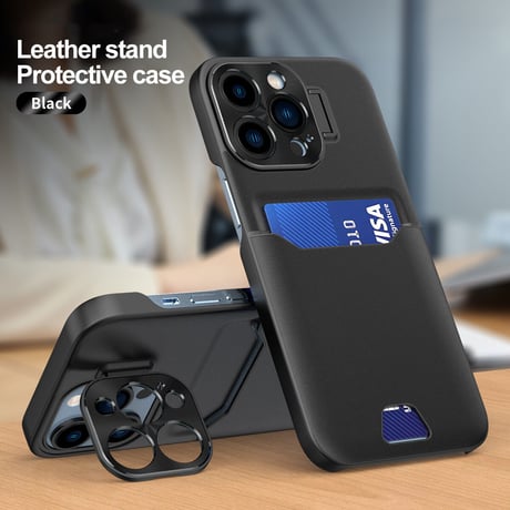 ICカード入れ スタンド iPhone14/14promaxケース 金属カメラカバー アイフォン13mini/12promaxカバー 高品質高級感レザー 実用 [M2336]