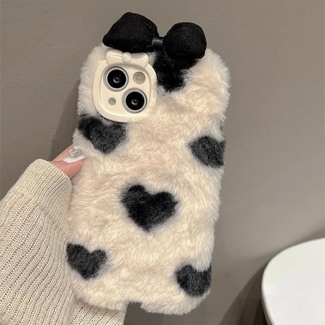 ファーハート柄 iphone15/15Proケース  リボン iphone14/13/12カバー フワフワ 手触りいい かわいい[M3575]