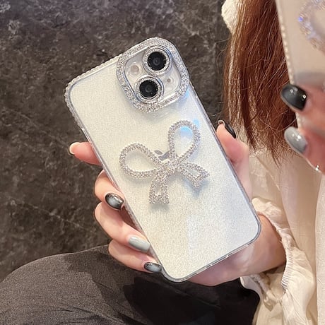 ジュエリーリボン iphone15pro/15ケース  女子力高い アイフォン14/13pro/12/11カバー 可愛い きれい ラメ入り[M4399]