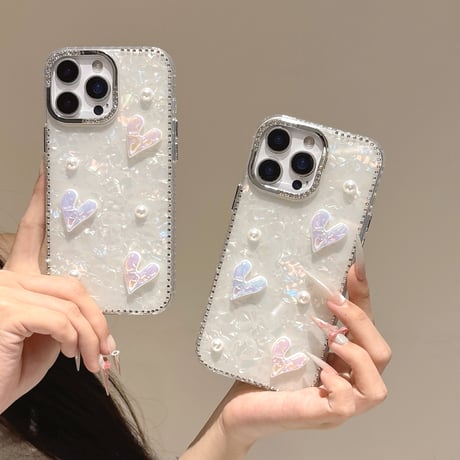 ハートデコ iPhone16pro/16カバー シェル柄 iPhone15pro/14promax/13ケース パール/ジュエリーデコ 上品 大人可愛い [M5314]