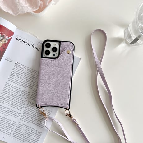 カード入れ2個 ミラー付iphone14/13proケース レザー製 アイフォン12mini/11カバー 長いストラップ付 スタンド機能あり[M2146]