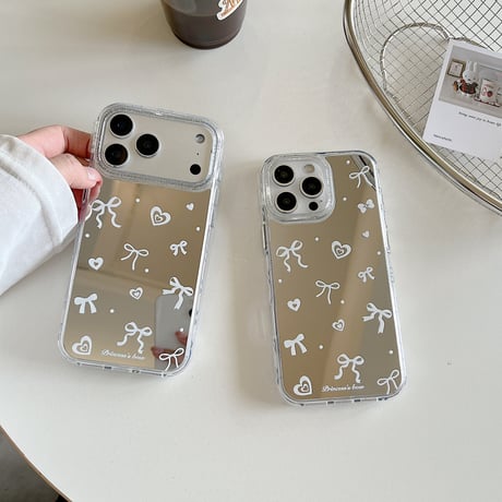 リボン/ハート柄 ミラー iPhone17Pro/17ケース キラキララメ iPhone17Promax/16Pro/15ケース メイク直しに便利[M6241]