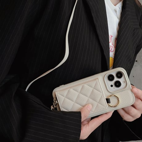 iPhone15/14proケース カード収納 鏡付き ショルダー付   エレガント セレブ愛用[M3472]