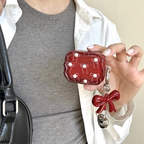 ワインレッド Airpods4ケース パールリボン  Airpods3/Pro2ケース airpodspro2カバー  キーチェーン付 女子力高い 上品[M5119]