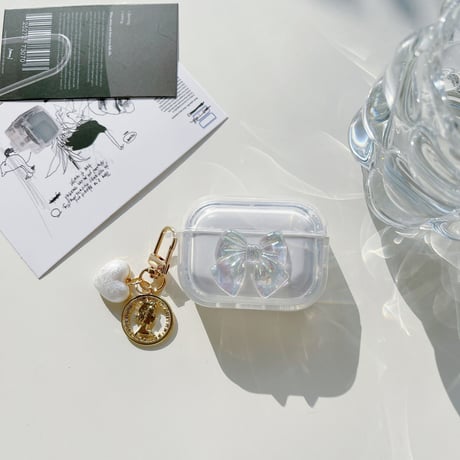 【Airpods4】キラキラリボン AirpodsPro2ケース ハートアクセサリー付 airpods3/2/1ケース  かわいい 耐衝撃クリアケース ギフトにおすすめ[M3073]