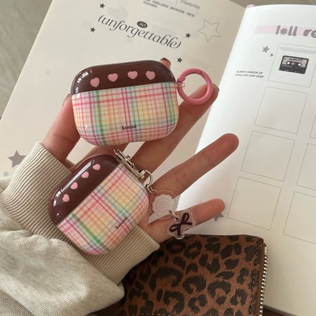 ハート柄/チェック柄 Airpods 4ケース ガーリーファッション Airpods3/2カバー Airpodspro2/pro リング/リボンキーチェーン かわいい[M4838]