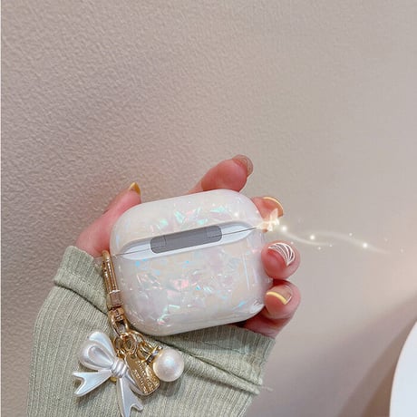 【Airpods4】キラキラ貝殻紋 airpods第3世代ケース  真珠リボン/花アクセサリー付  エアーポッズpro2/Pro1カバー  オシャレ 高級感カラー[M1993]