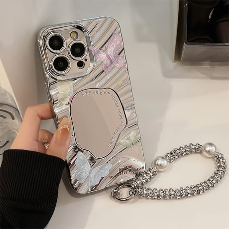 ジュエリーストラップ iPhone15pro/15ケース 鏡付き蝶柄 アイフォン14pro/13promax/12カバー 可愛い 女子力アップ[M4316]