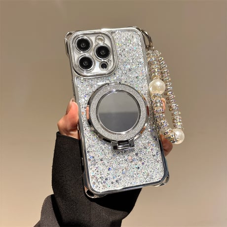 鏡リングスタンド付 iPhone16/16proケース ラメ入り iPhone15pro/14/13カバー バックチャーム/ショルダーストラップ付 [M5394]