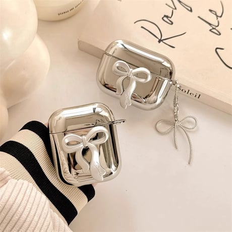 リボン Airpods 4ケース 艶感メッキ Airpodspro2/proカバー  Airpods第3/2世代 キーホルダー付  可愛い[M5048]