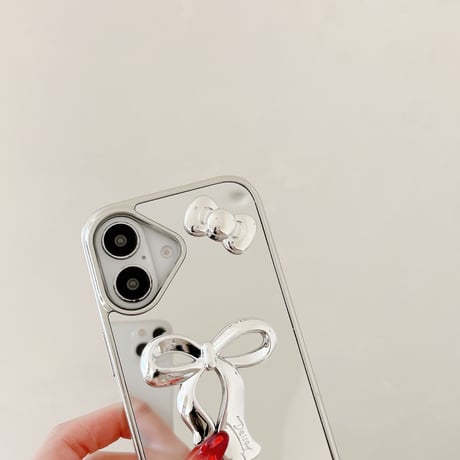 リボン ミラーiPhone16/16proカバー ストラップ付 iPhone15pro/14/13promaxケース かわいい メイク直し 女子力UP [M5088]