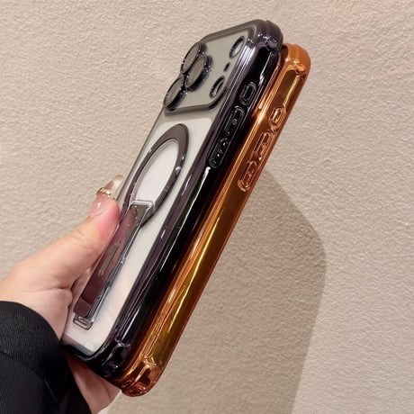 スタンド付 iPhone17Pro/16ProMaxケース メッキ MagSafe対応 iPhone15Pro/14/13ケース 耐衝撃加工 黄ばまない [M6360]
