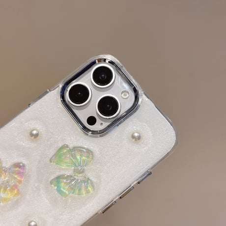 キラキラリボン iPhone16/16Proケース パールデコ iPhone15Pro/14/13/12カバー かわいい 女子力UP [M5018]