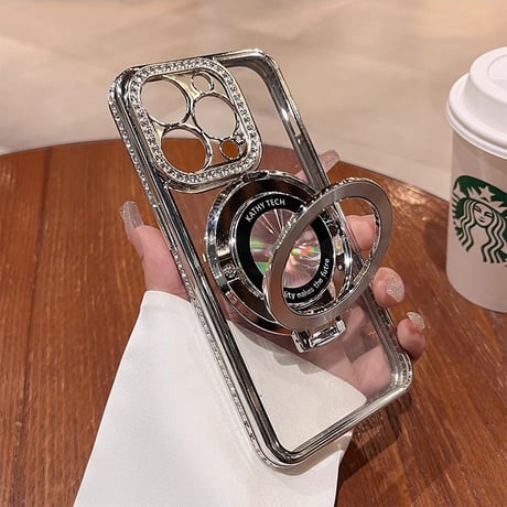 ストーン MagSafeスタンド iPhone15Pro/15ProMaxケース  キラキラ高級感  iPhone14/13Proカバー インナーシート付き[M3694]
