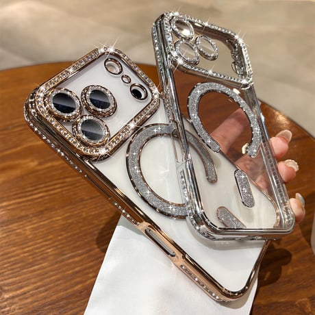 ジュエリー iPhone17Pro/17ケース Magsafe対応 iPhone17Air/17ProMaxケース レンズ保護フィルム付 キラキラライン 大人気 [M5637]