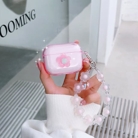ラメ入り花 AirpodsPro2ケース pink flowersストラップ airpods3/2/1ケース  綺麗 キラキラ  頑丈 ガールズに人気[M2948]