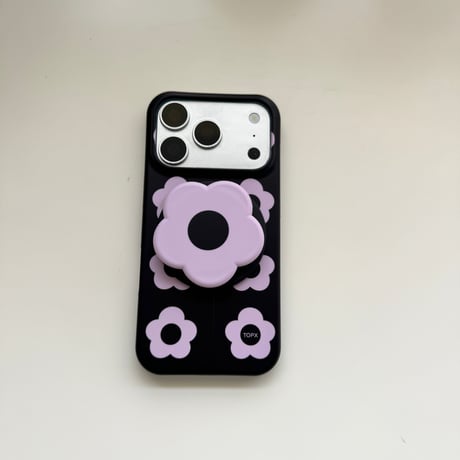 パープル花柄 iPhone17/17Proケース マグネット式グリップ付 iPhone16Pro/15promaxケース 可愛い便利 甘めコーデ [M6425]
