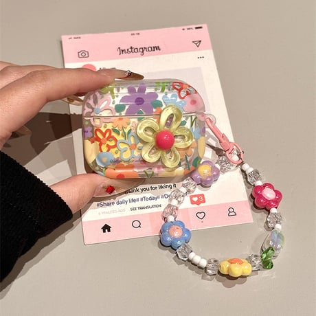 可愛い Airpods4ケース 花柄 立体花デコ ストラップ付 AirpodsPro2ケース エアーポッズ3/2  プレゼントにおすすめ [M5607]