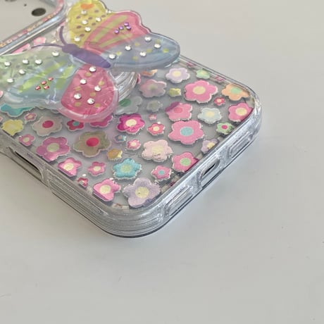 蝶グリップ iPhone17pro/17ケース 花柄 iPhone16/15promax/14ケース かわいい 多機能便利[M6205]