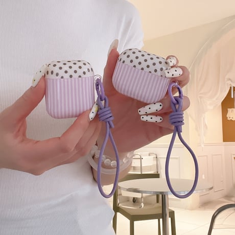 ストライプ柄 Airpods Pro3ケース 水玉模様  Airpods 4/3カバーケース AirpodsPro2/1 ストラップ付き 上品 [M6428]